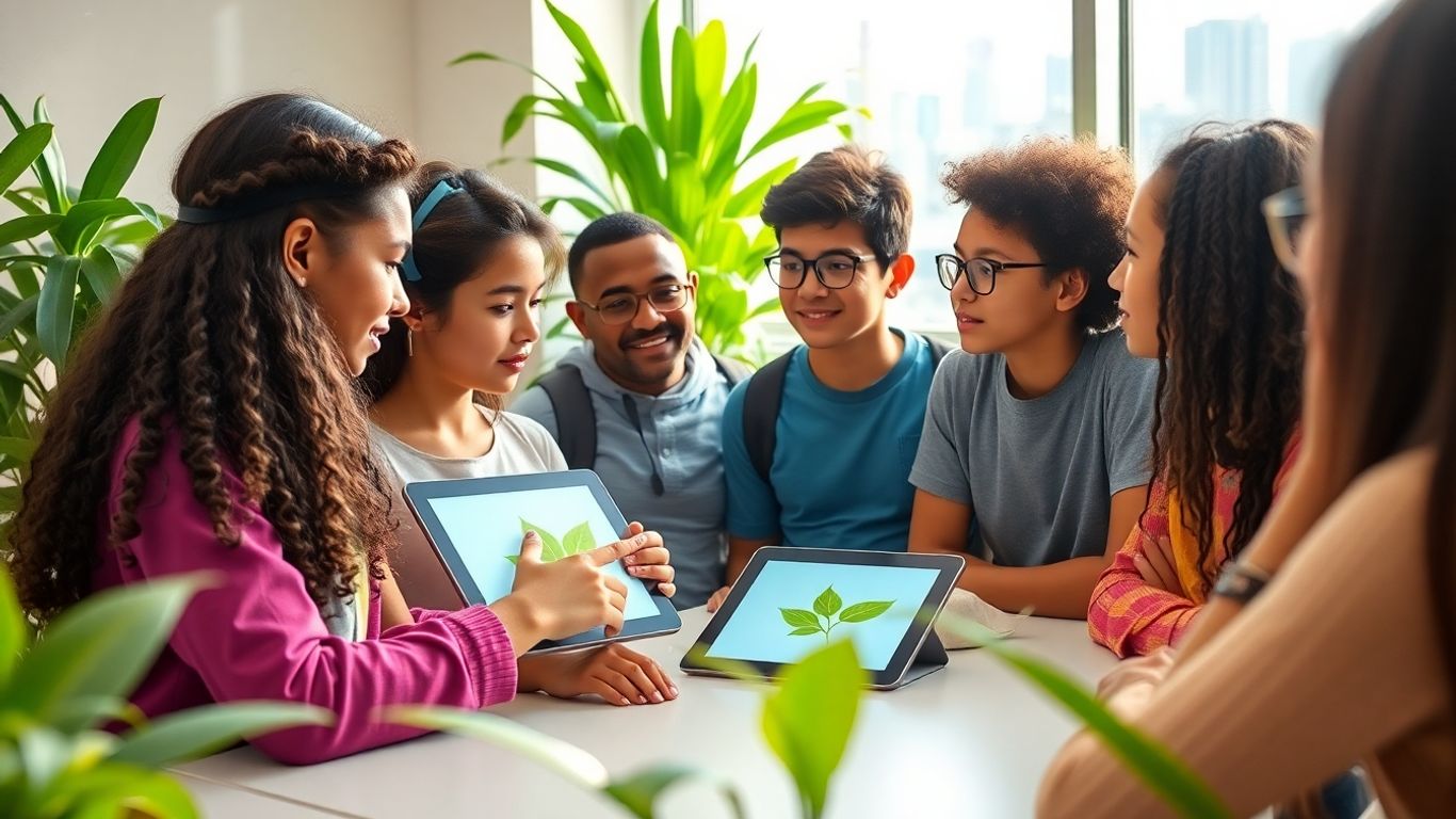 Students learning about sustainability in a bright, plant-filled classroom.