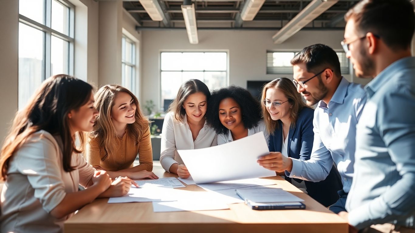 Professionals collaborating on social responsibility in an office.