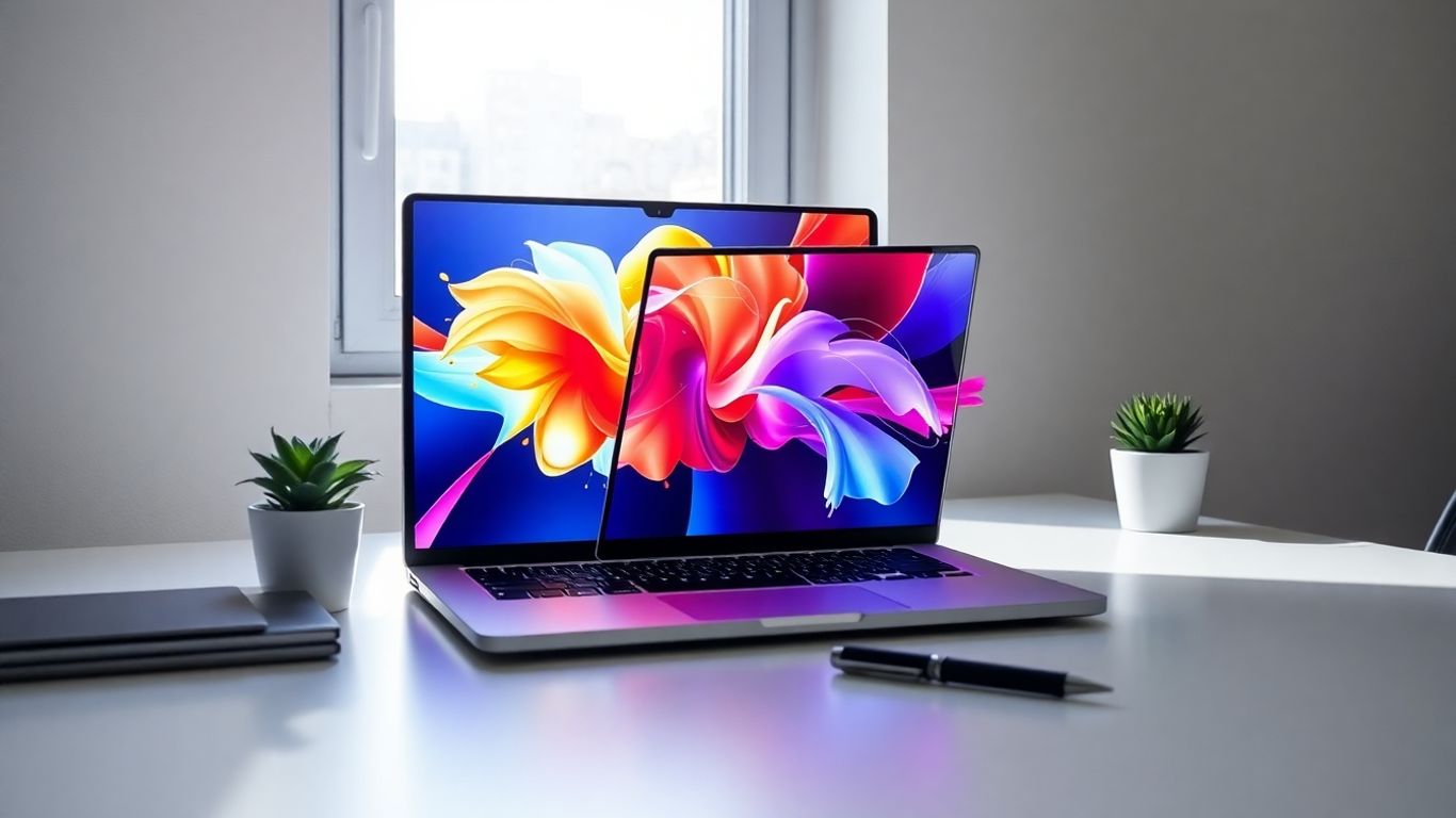 Modern desk with laptop and plant.
