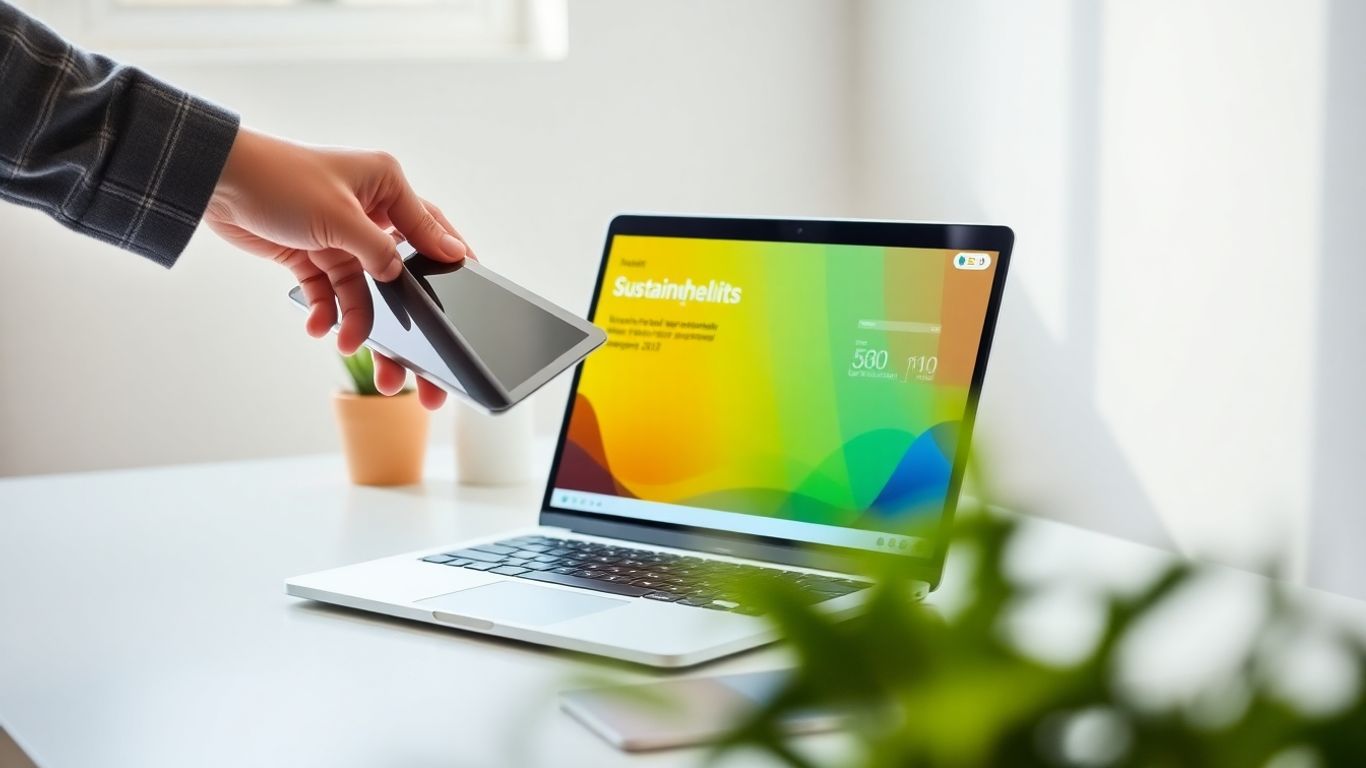 Sustainability report on a laptop and tablet.