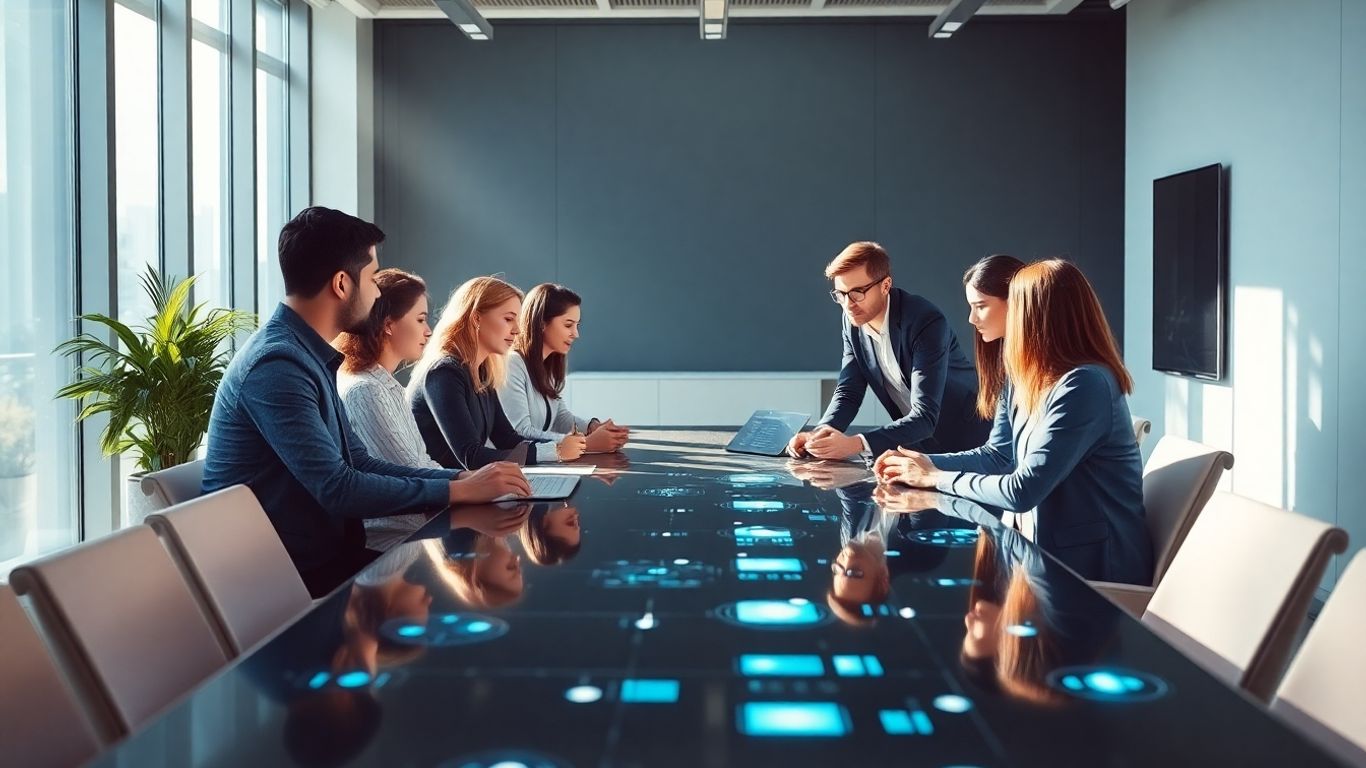 Modern office with professionals and glowing digital interfaces.