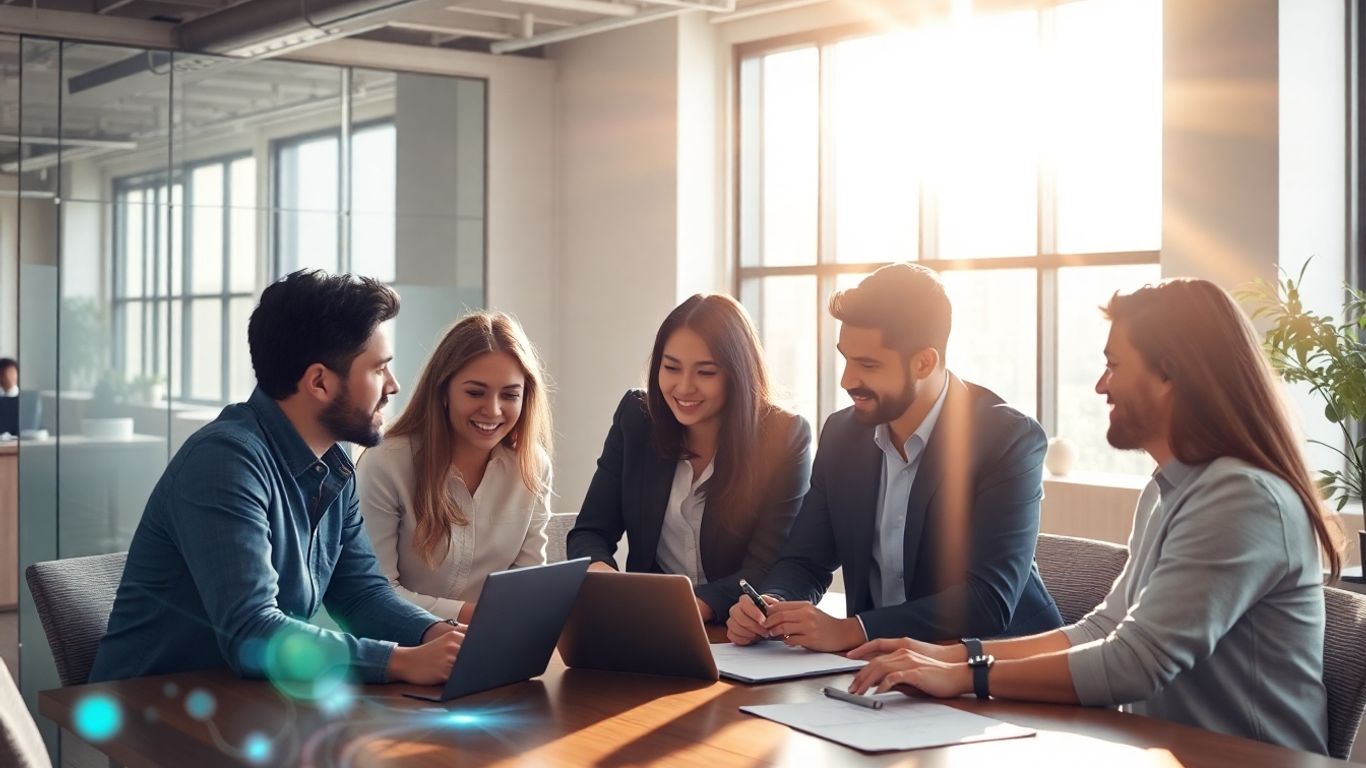 Professionals collaborating in a modern office, discussing compliance.