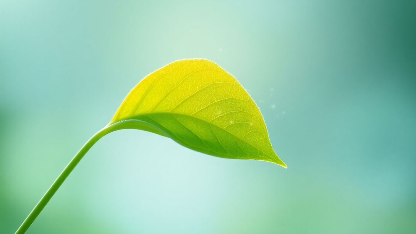 Green leaf with glowing veins and floating particles.