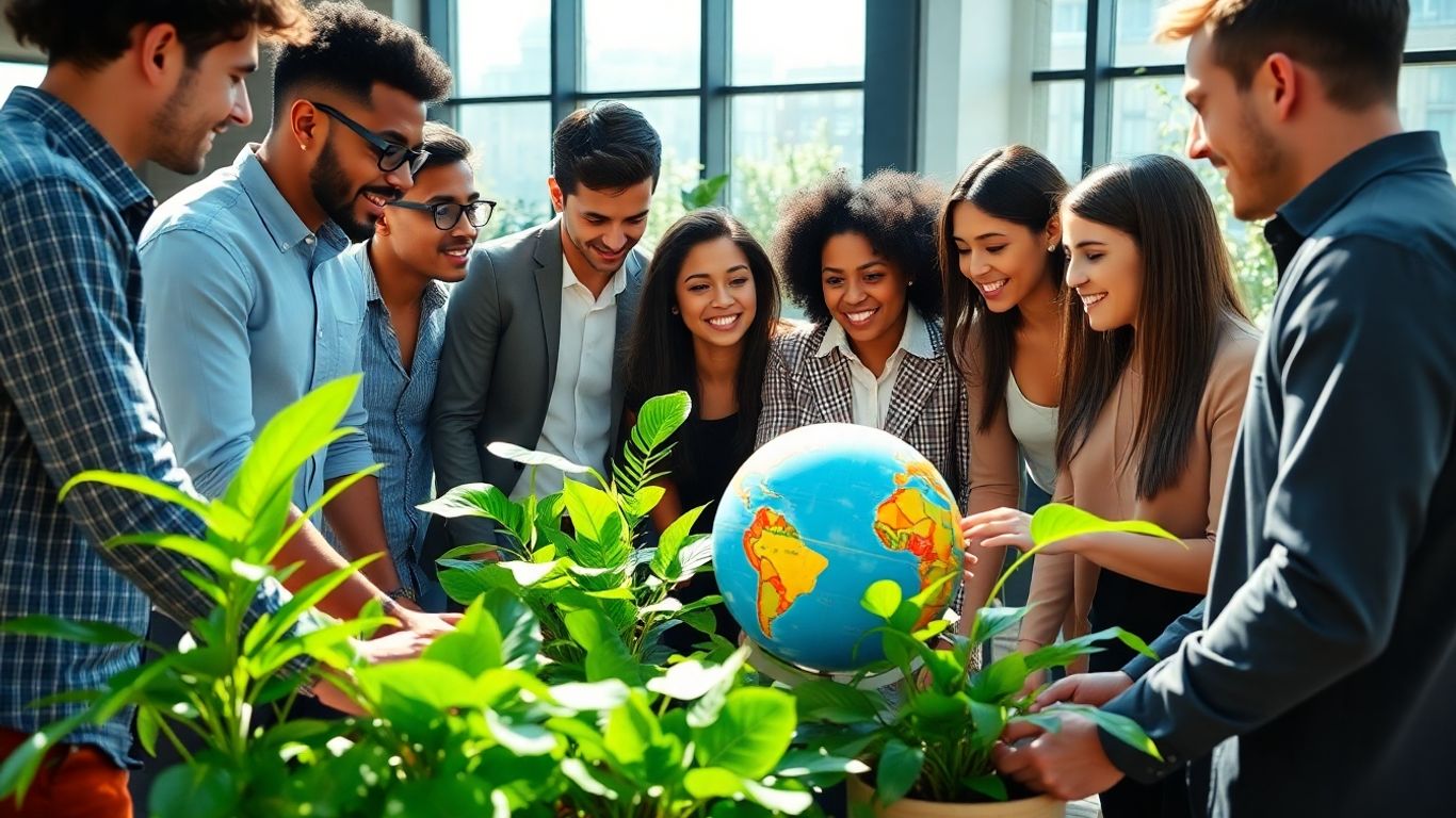 Professionals discussing sustainability in a bright, plant-filled room.