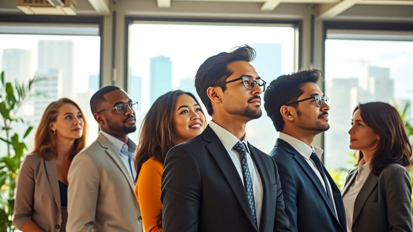 Professionals looking at a green cityscape, symbolizing career growth.