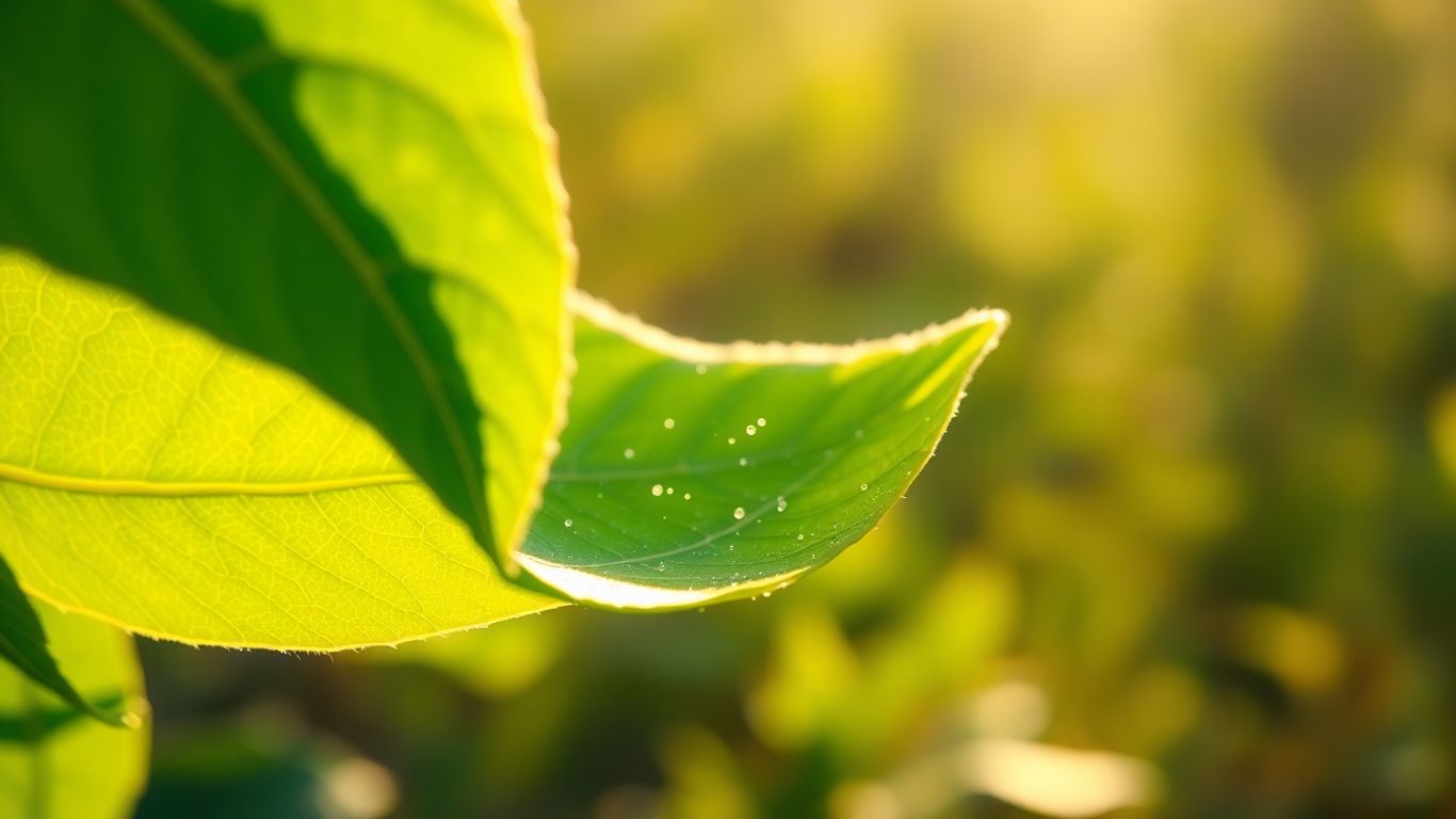 Green leaf with glowing veins and shimmering particles.