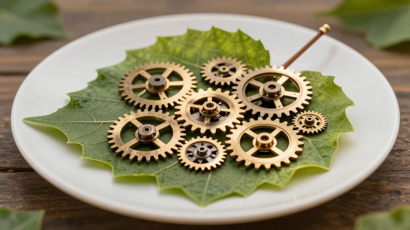 Sustainable supply chain integration with gears and leaf.