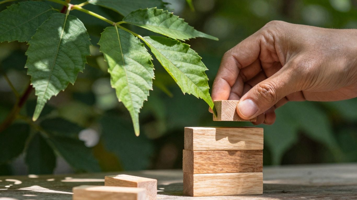 Hands arranging green leaves on wooden blocks.