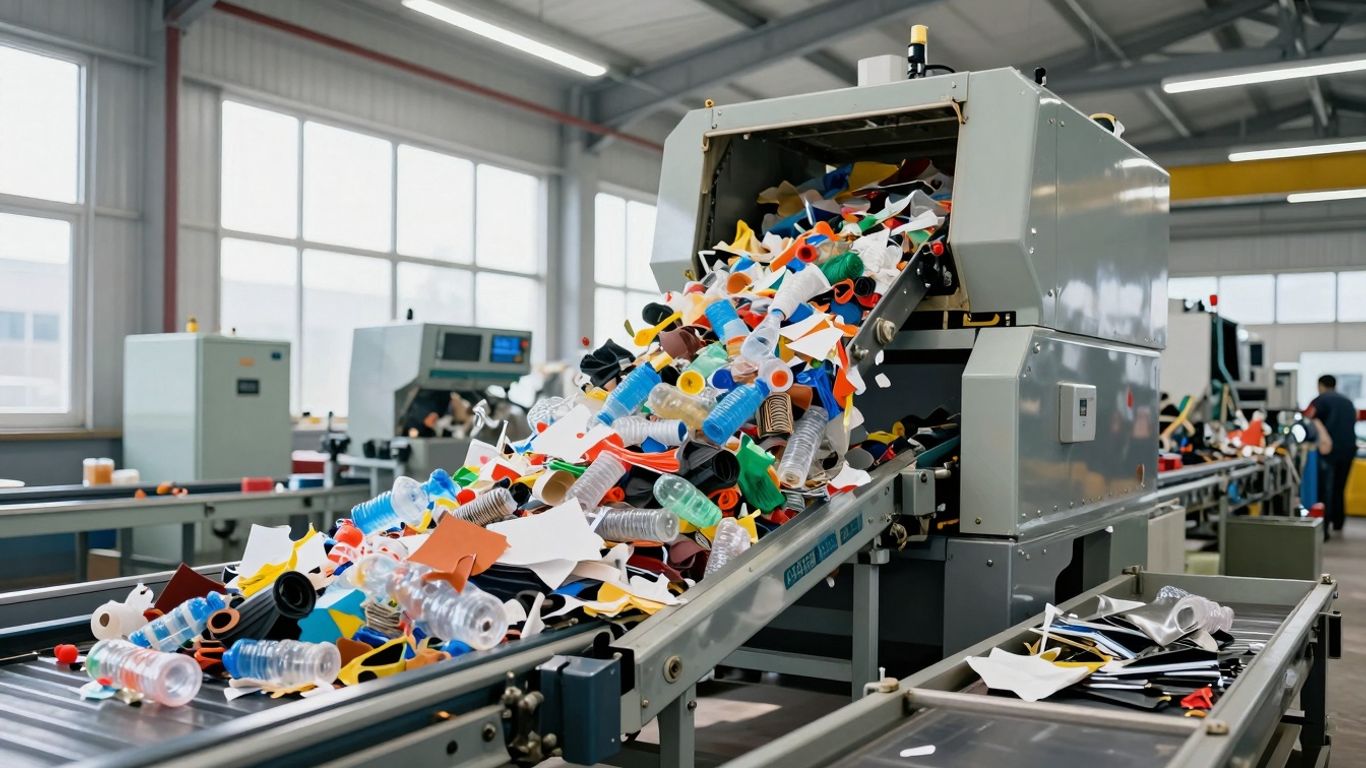 Modern recycling facility with advanced machinery and sorted waste materials.