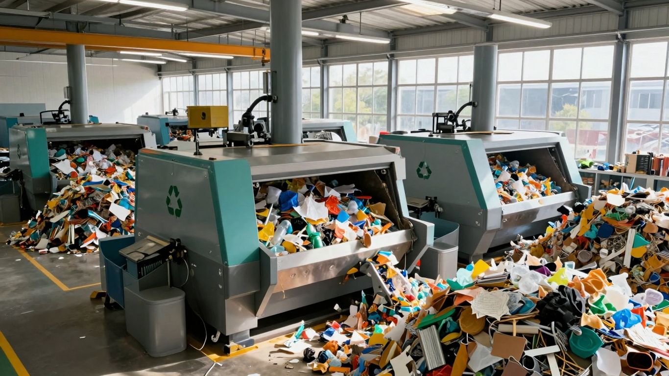 Recycling facility with sorted materials and modern machinery.