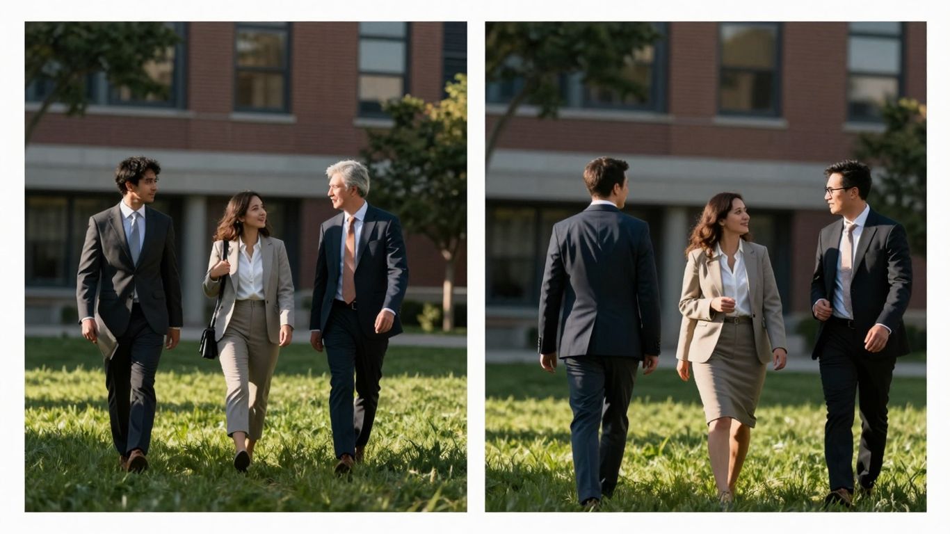 University building with professionals on green lawn.
