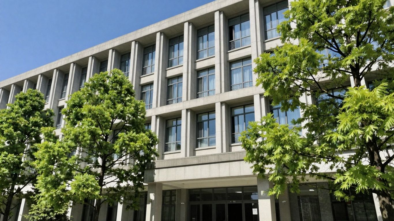 University building with trees and blue sky.