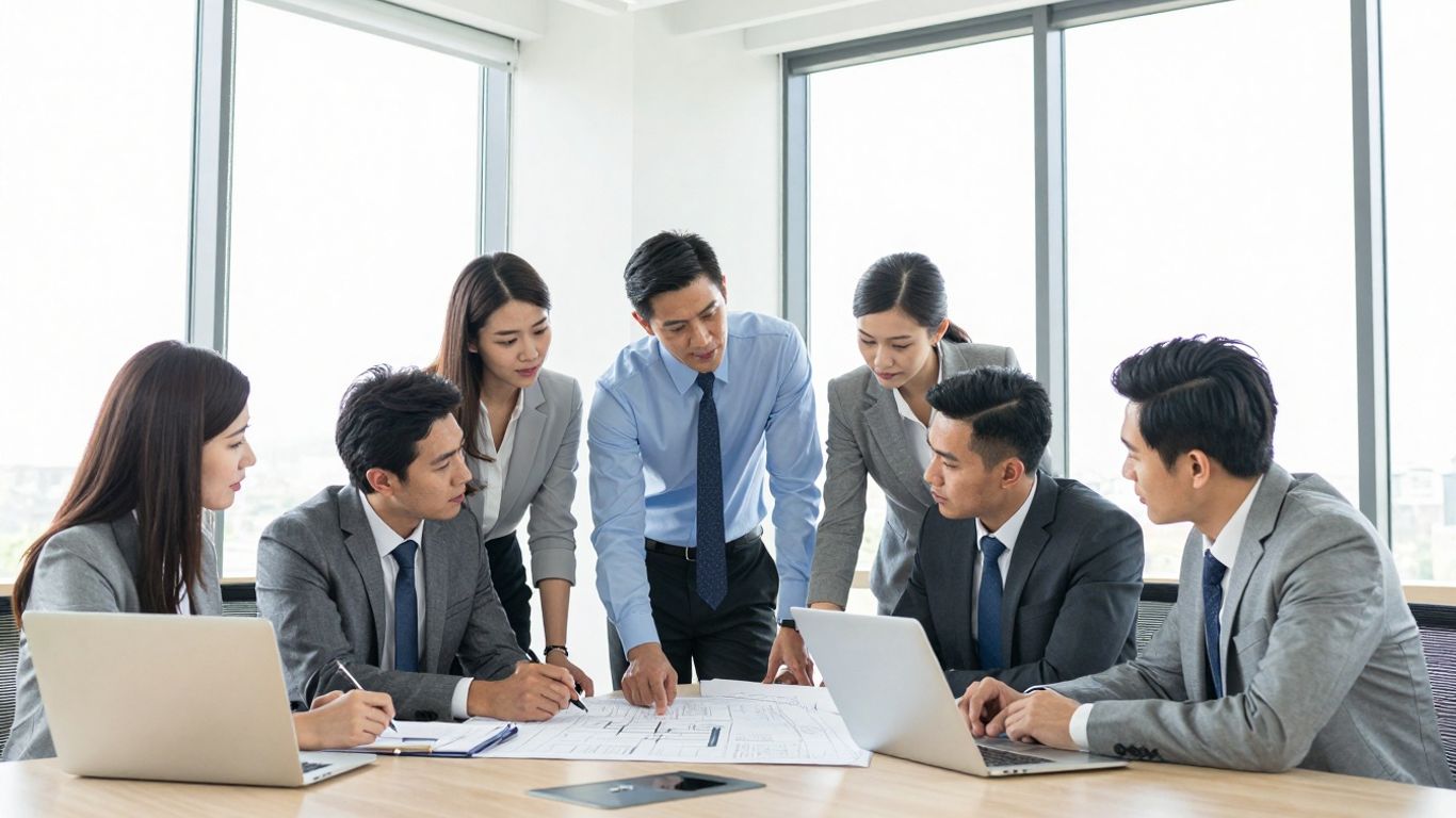 Business professionals collaborating in a modern office setting.