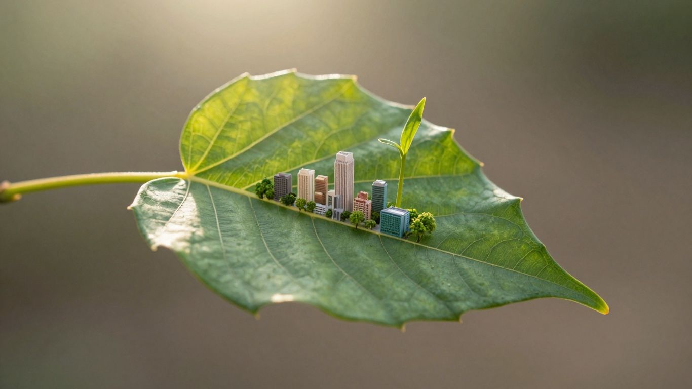 Green leaf with city inside, symbolizing sustainable EHS.