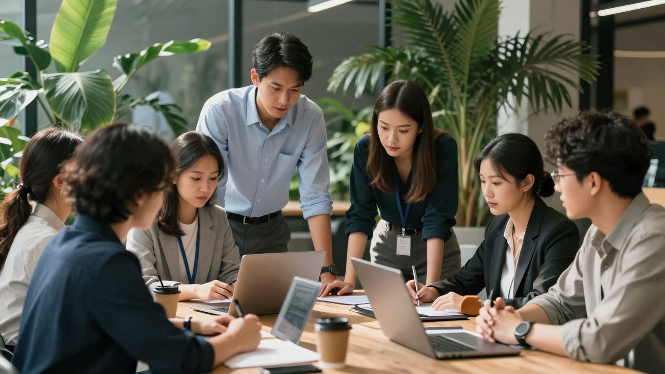 Team discussing sustainability in EHS management.