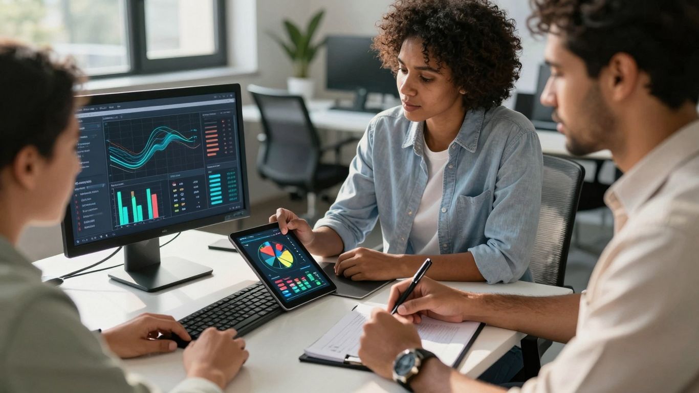 Accounting professionals discussing software on a tablet.