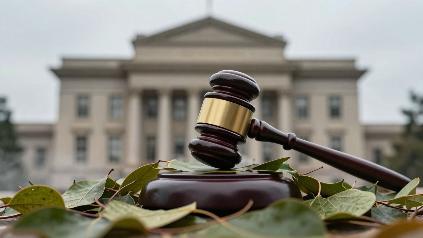Gavel striking green leaves, courthouse background.
