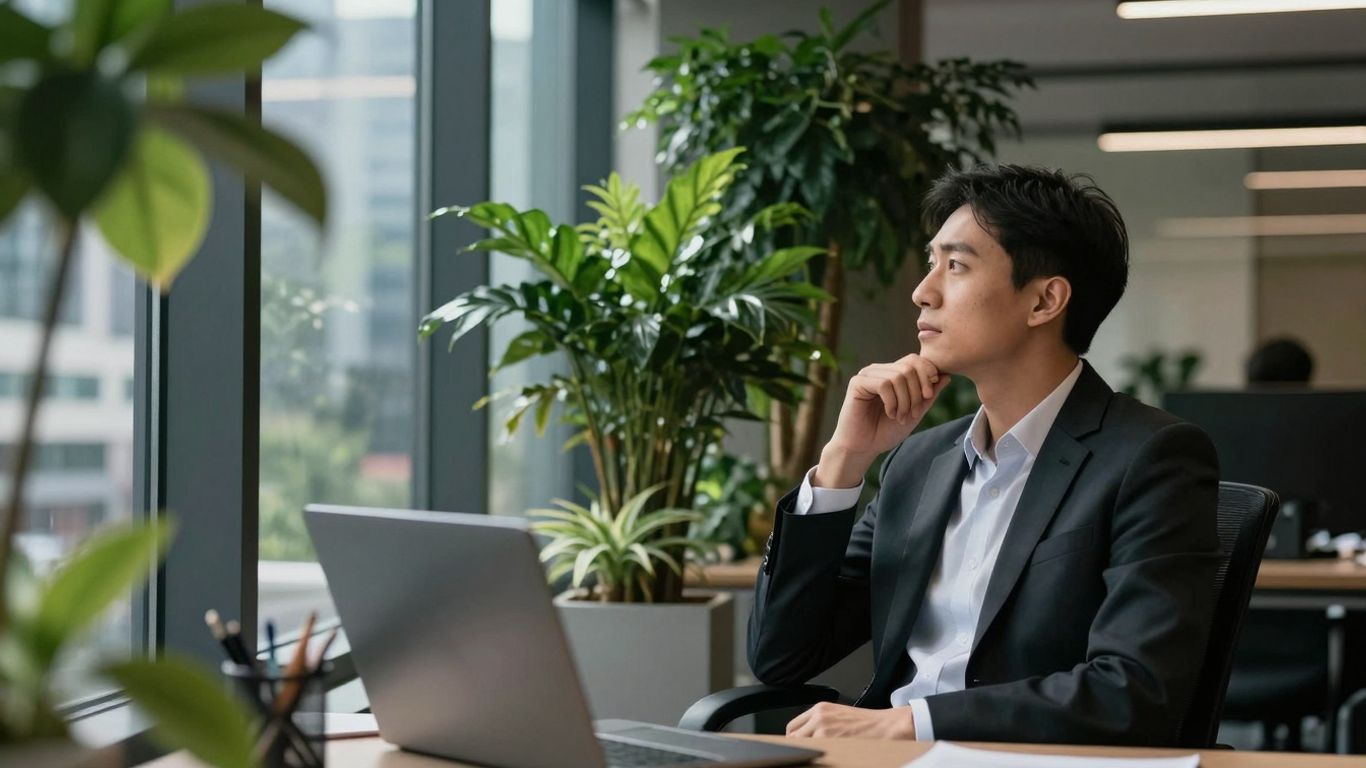 Professional looking at cityscape with green plants.