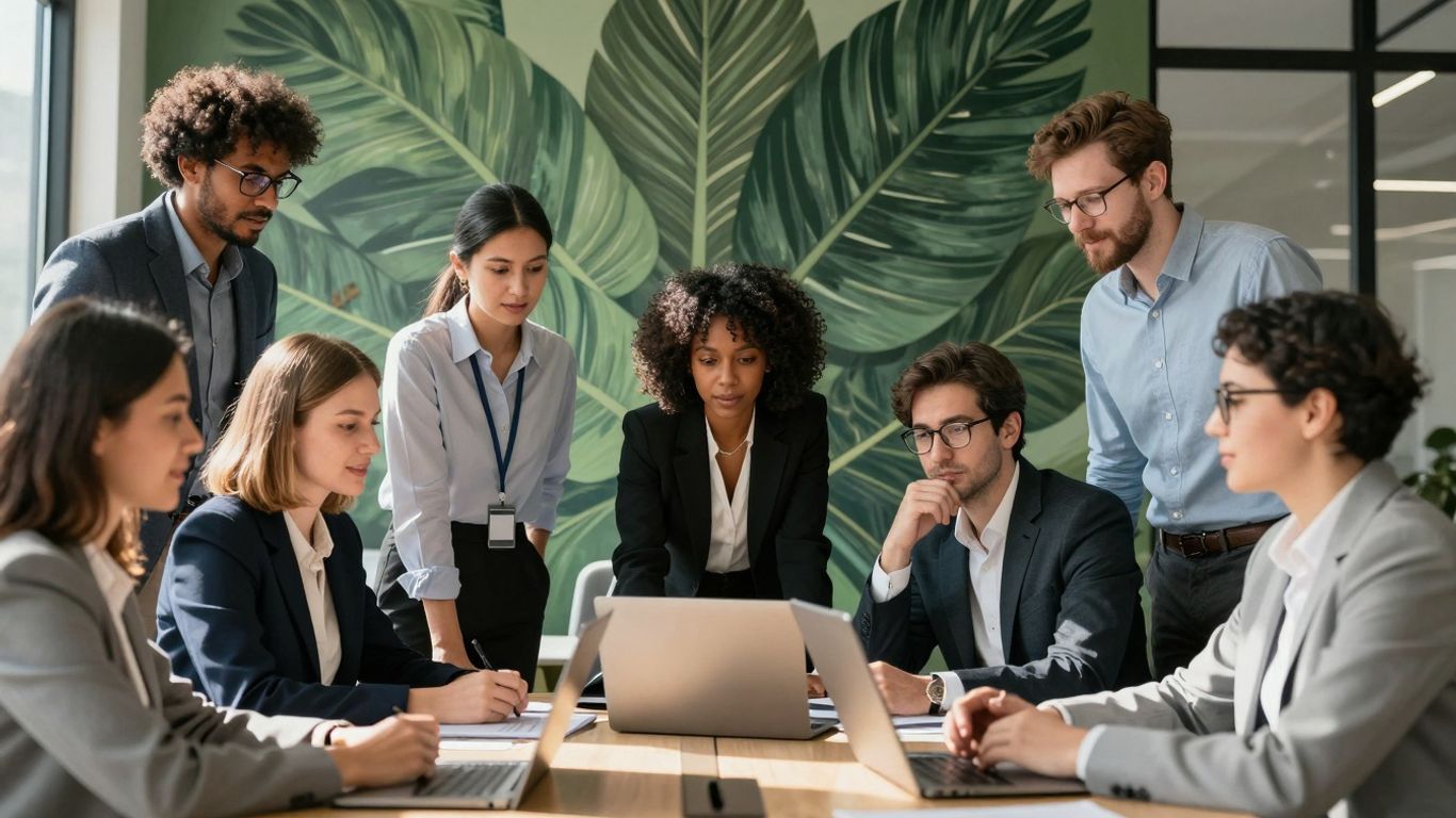 Professionals collaborating in a modern office with sustainability elements.