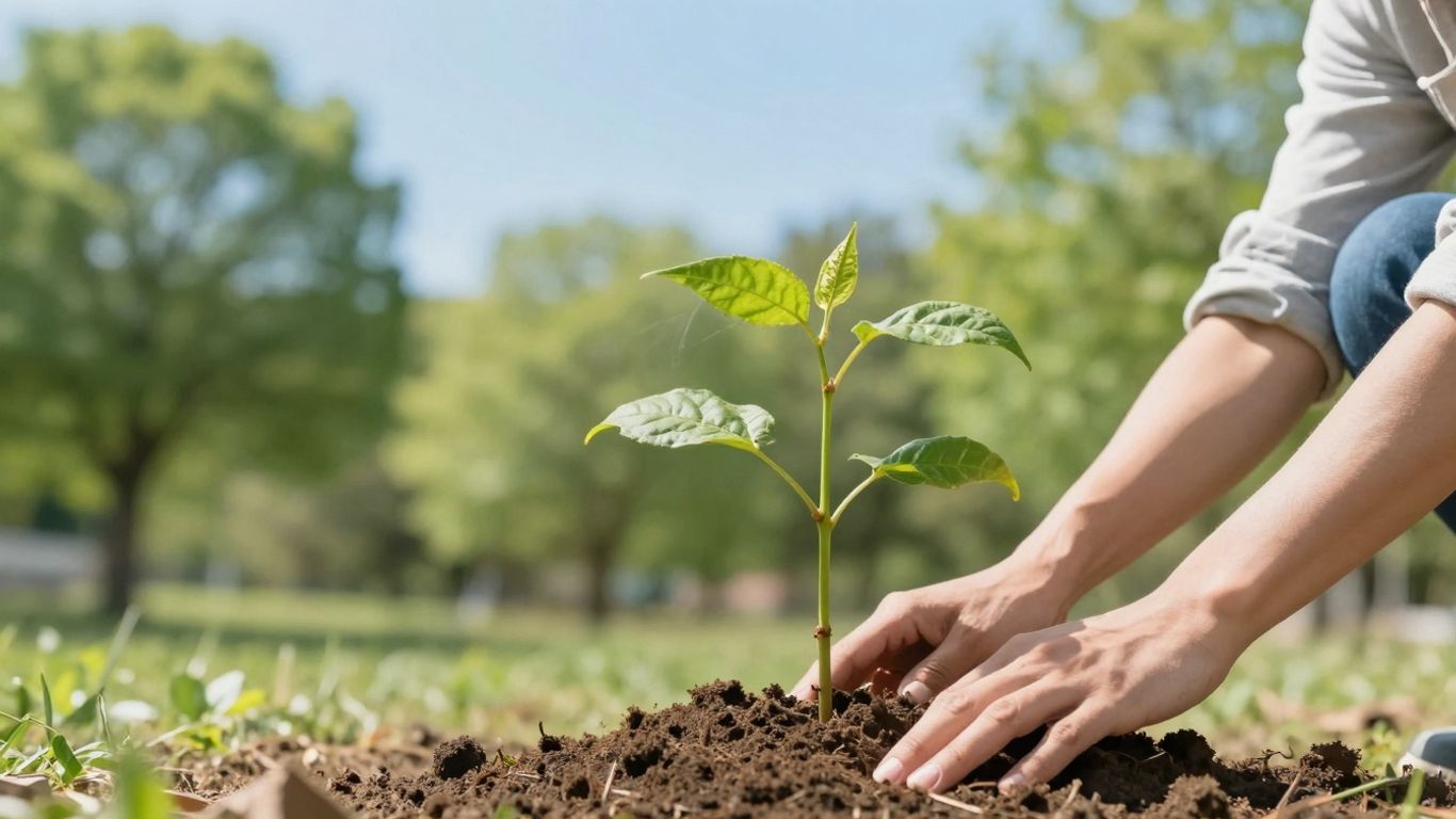 Person planting a tree in a green landscape.