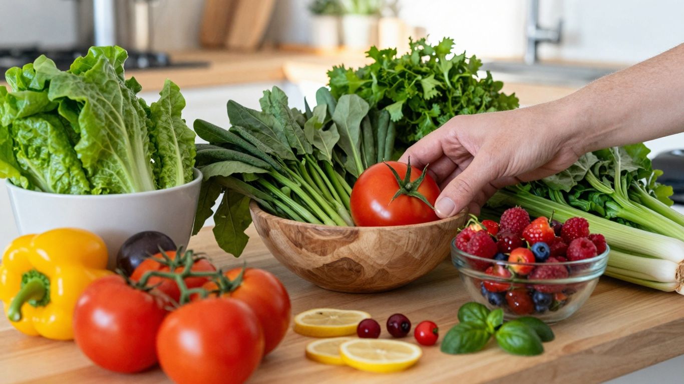 Fresh produce on a kitchen counter, preparing a healthy meal.