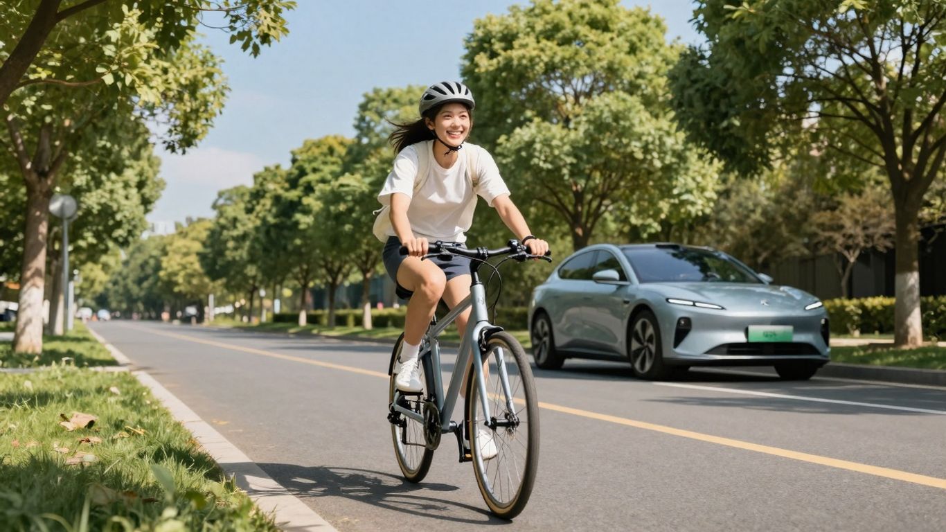 Person cycling on a green path with electric car nearby.