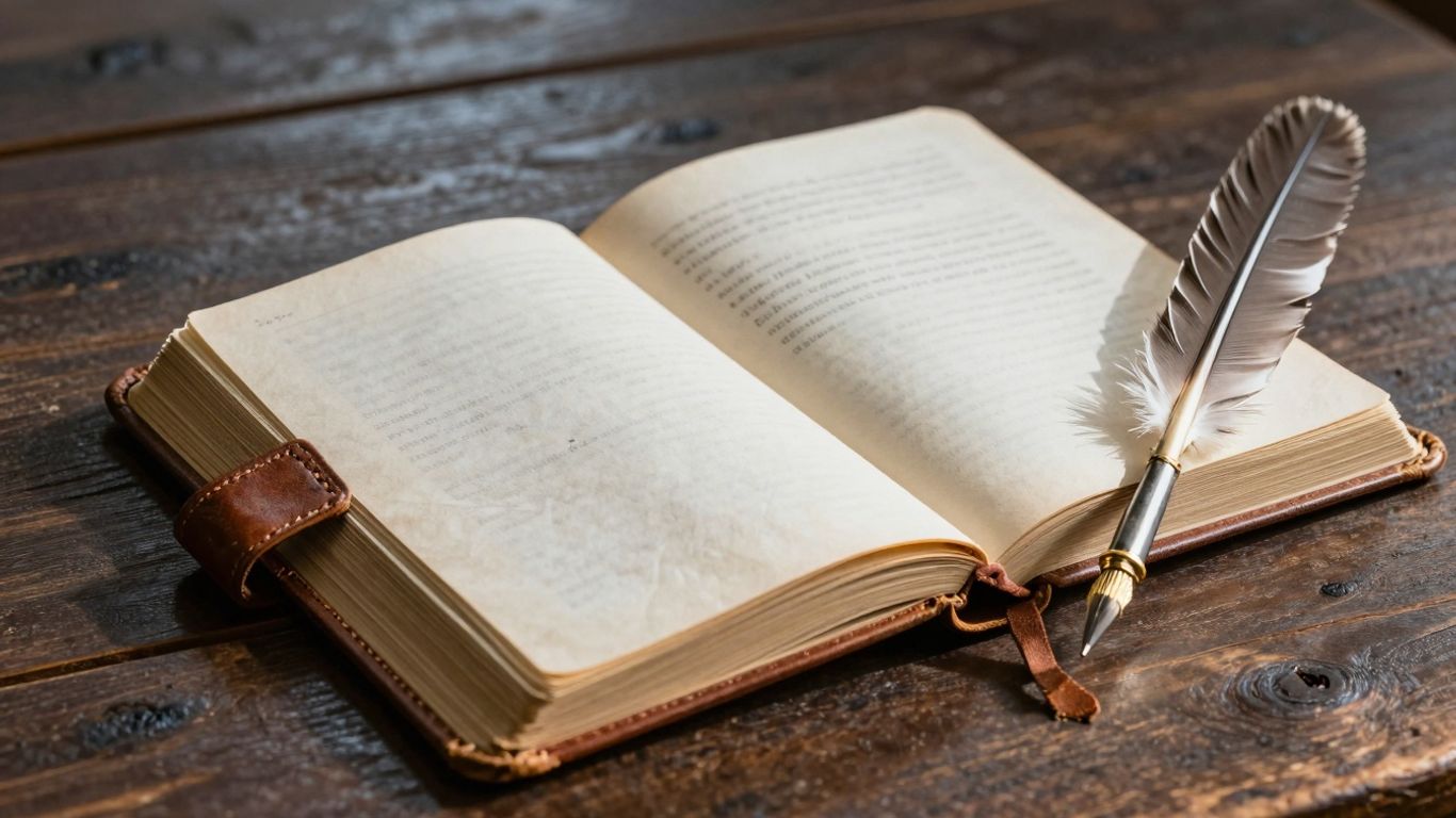 Open journal with quill pen on a desk.