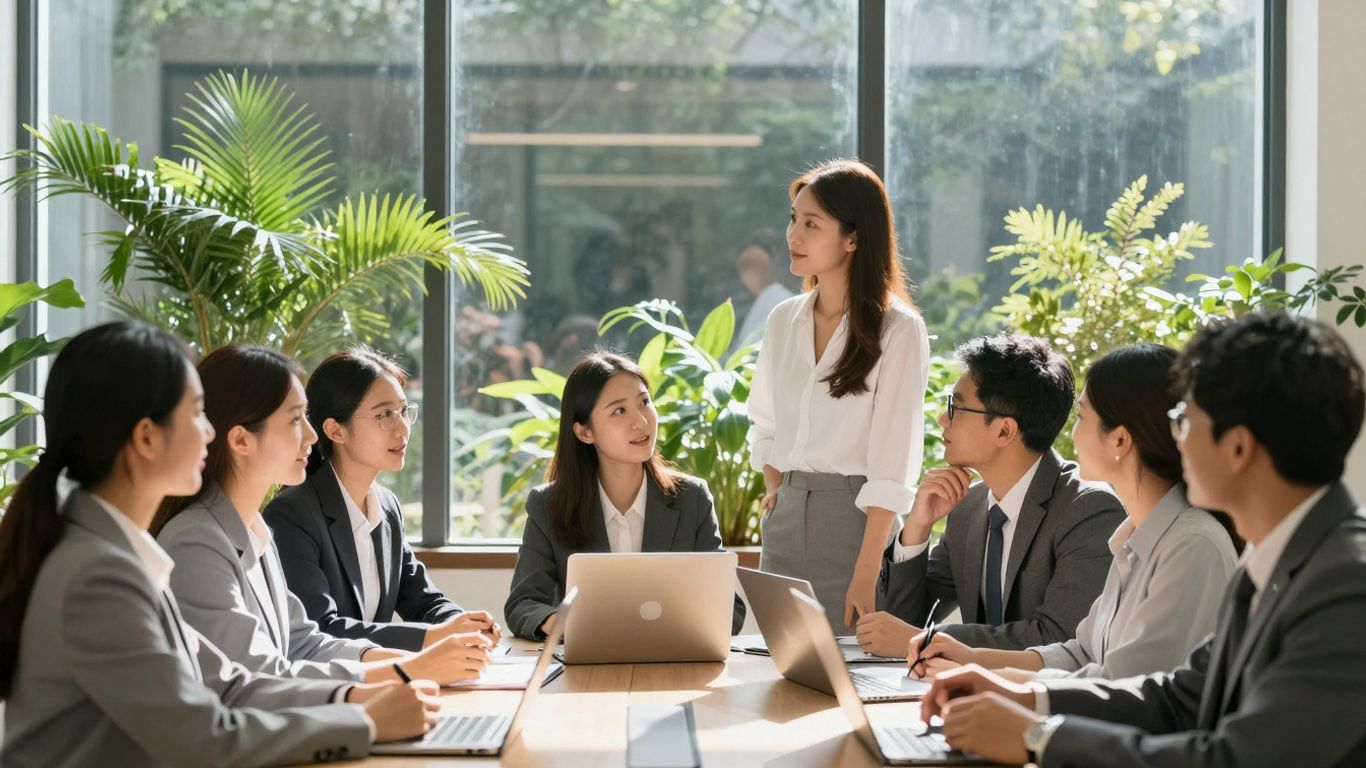 Professionals collaborating with plants in a bright office.