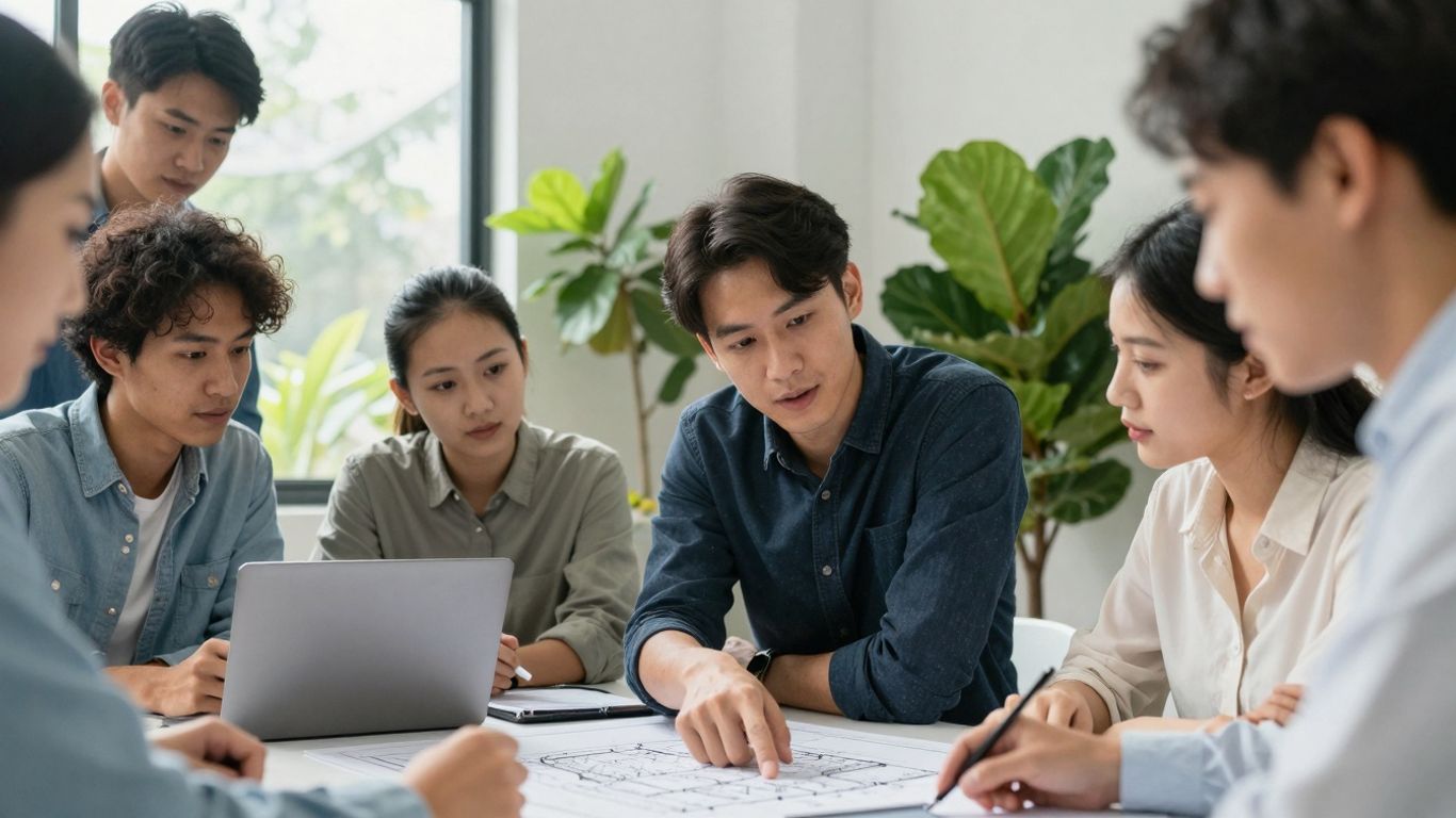 Professionals discussing sustainability in a modern office.