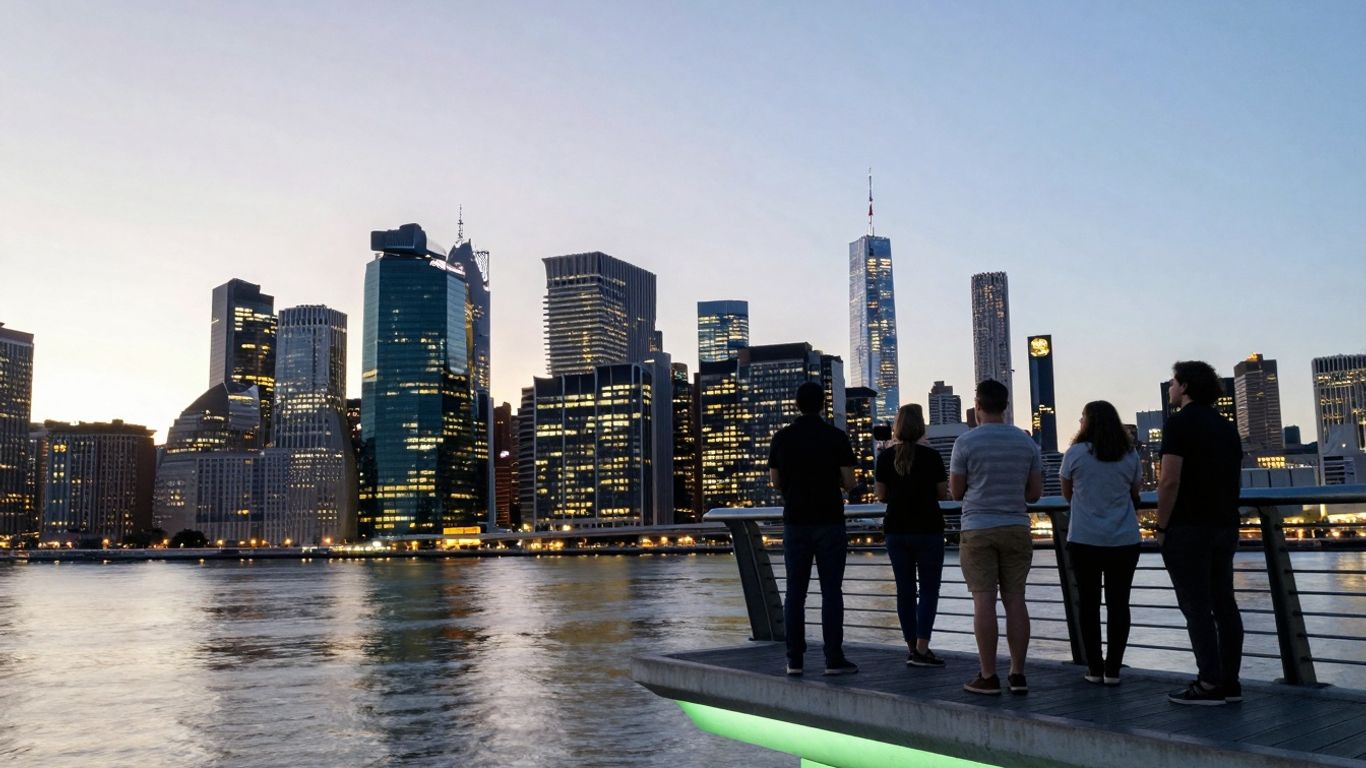 Cityscape with water and people, symbolizing climate tech growth.