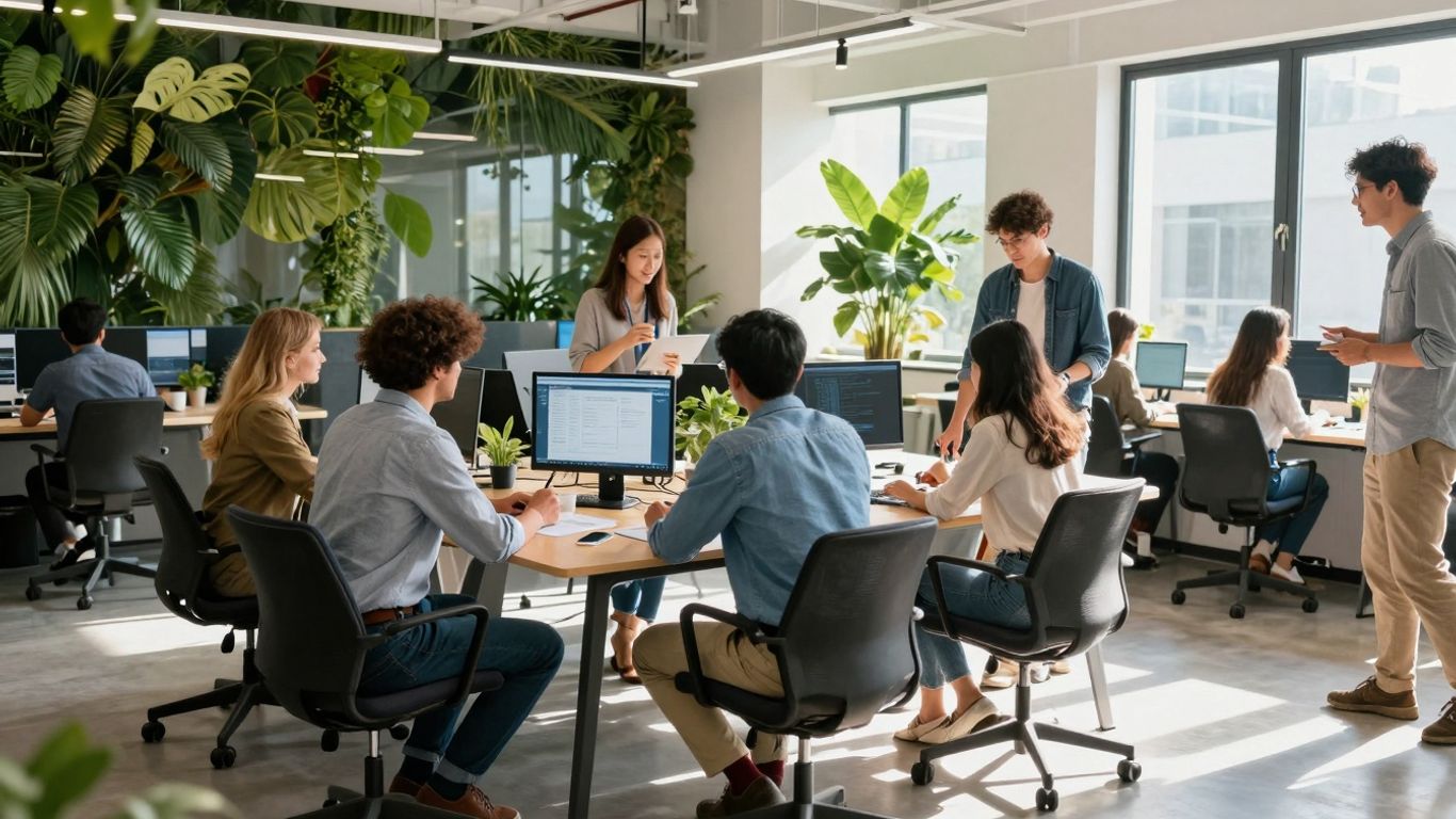 Climate tech professionals collaborating in a modern office.