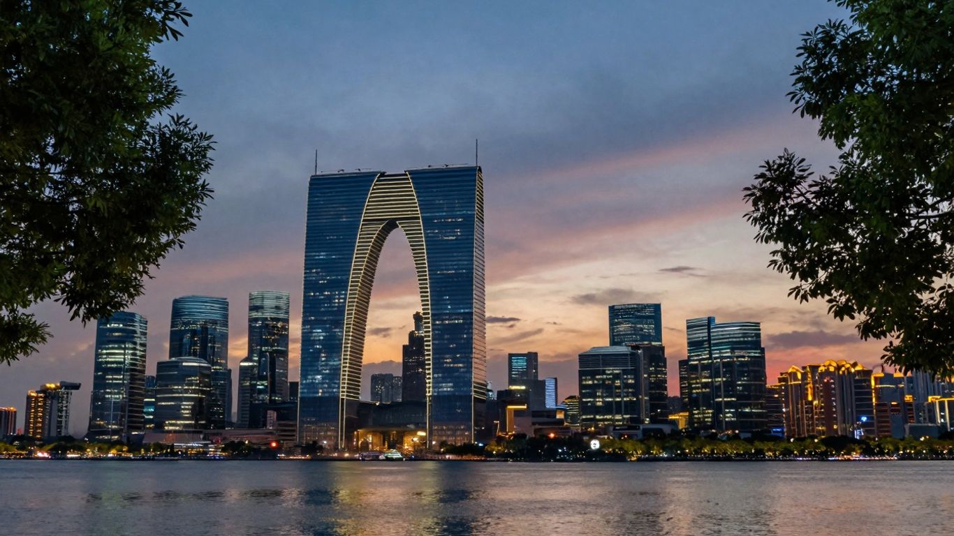Cityscape with water and green trees at dusk.