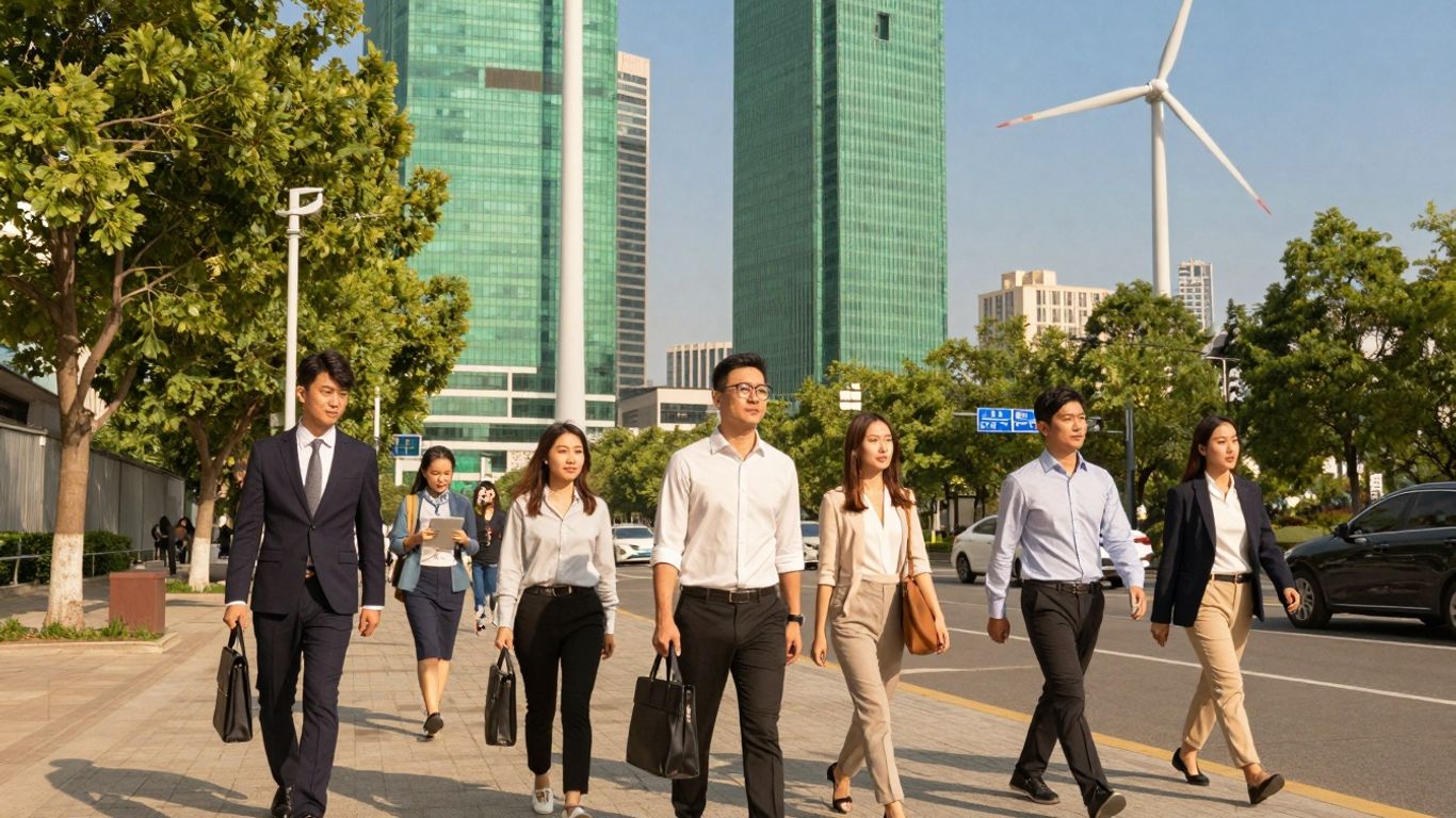 Green city skyline with professionals working in climate tech.
