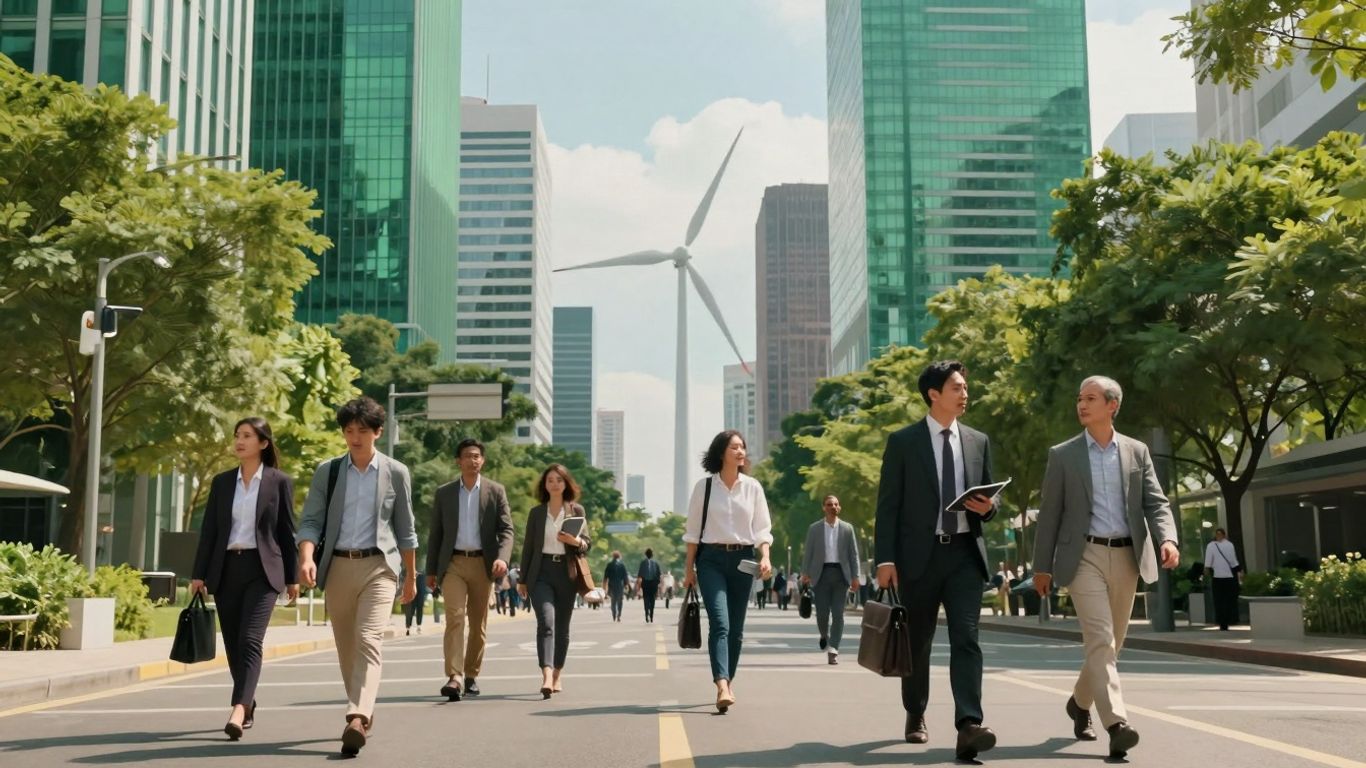 Diverse professionals in a green, futuristic city.