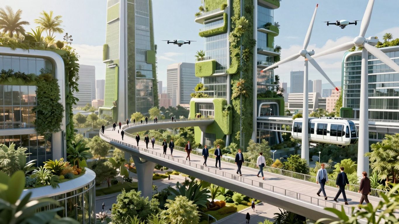 Futuristic green city with clean energy and people working.