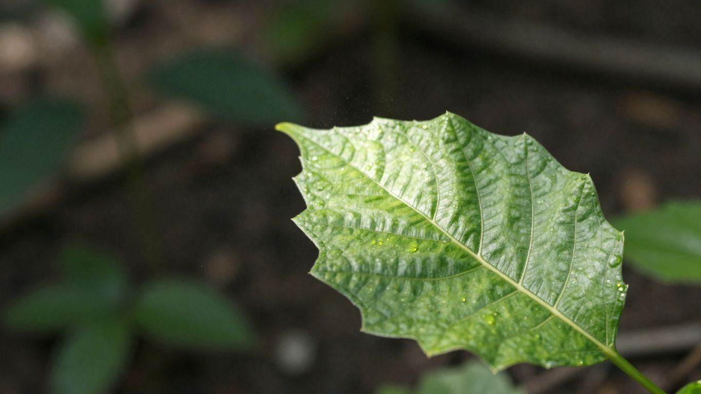 Green leaf with glowing veins and floating particles.