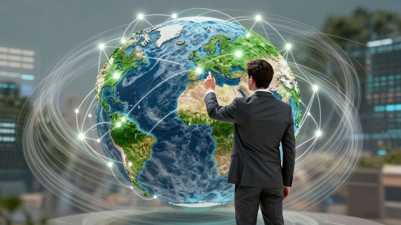 Business professional with glowing Earth and global connections.