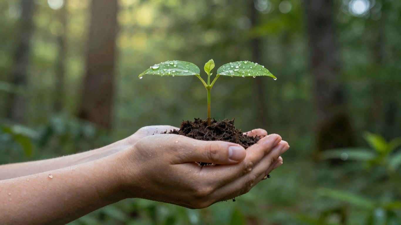 Hands holding a young plant in a forest.