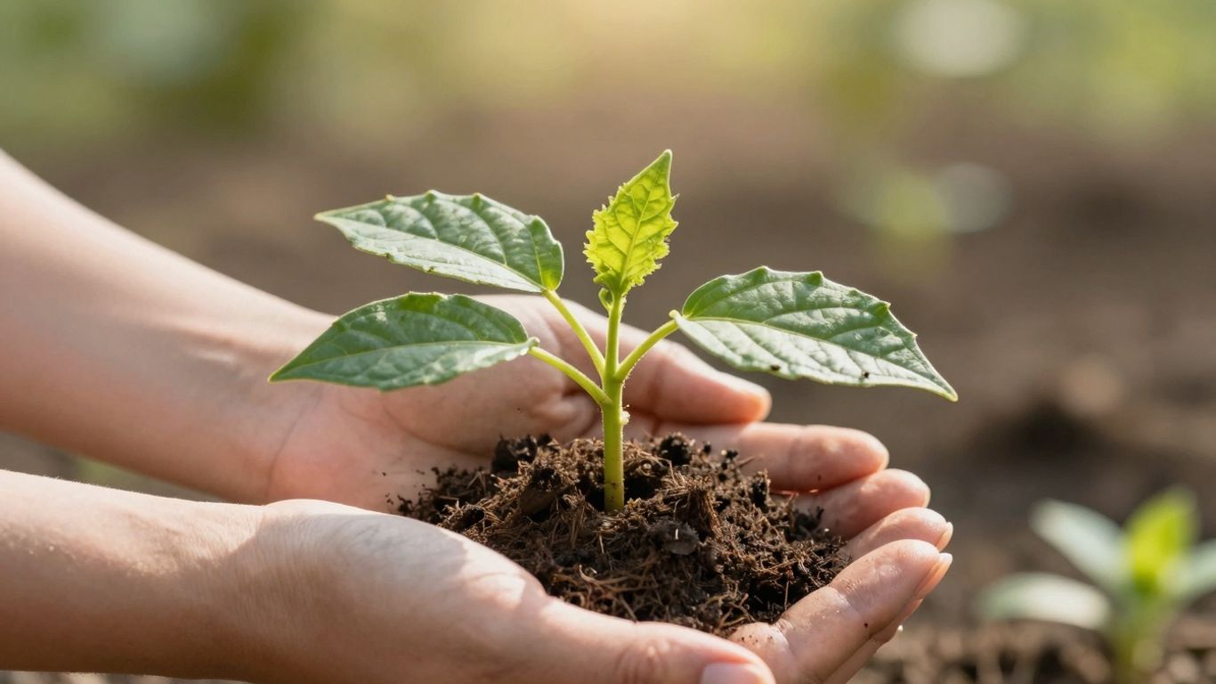 Green seedling growing from hands, symbolizing a greener future.