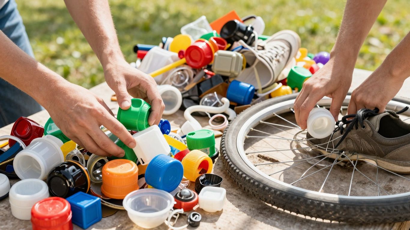 Hands sorting items for reuse, recycling, and repair.