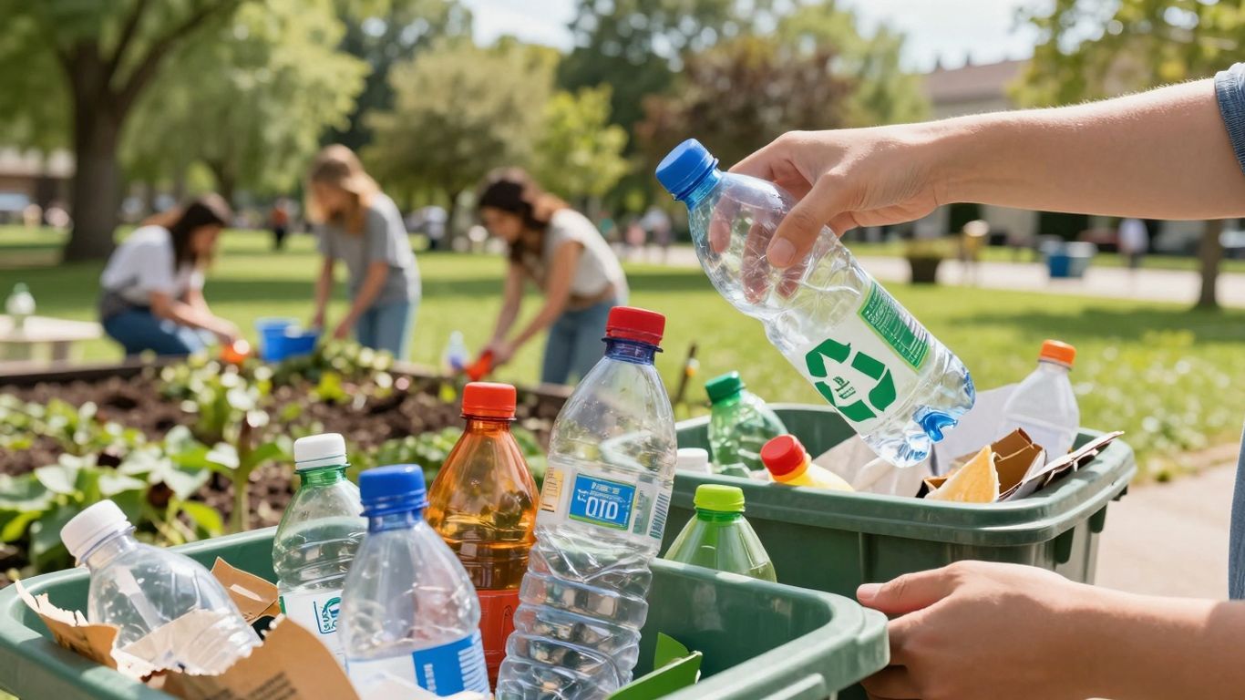 Hands sorting recyclables in a park setting.