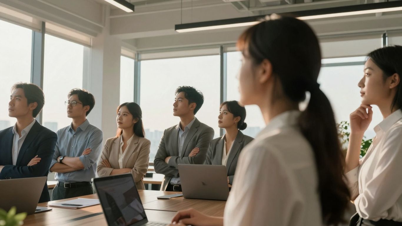 Business professionals looking towards a bright horizon.