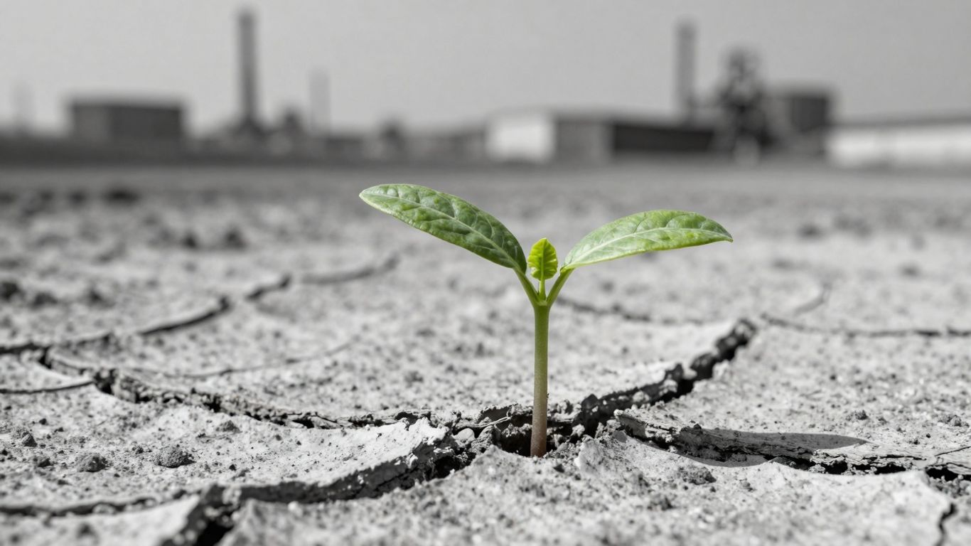 Green seedling growing from dry earth, industrial background.