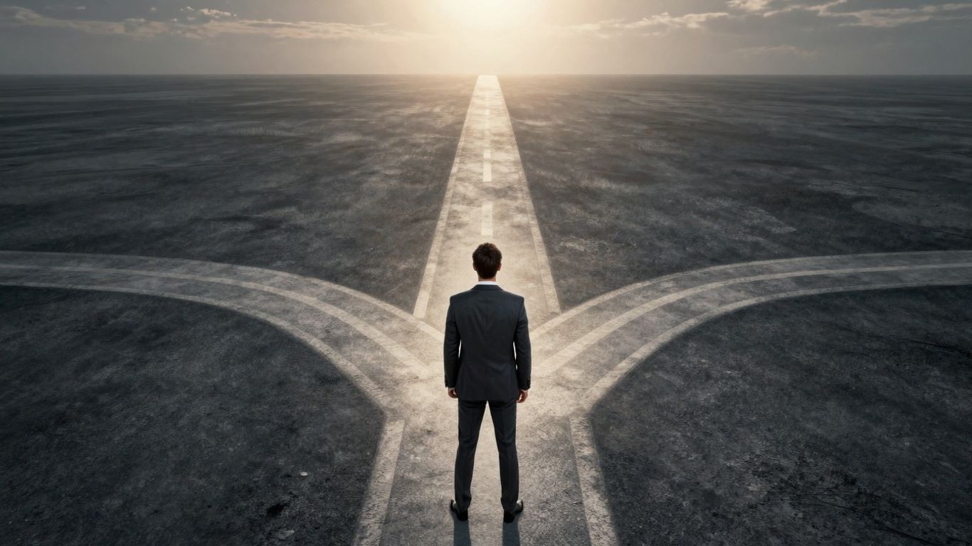 Business professional at a crossroads, choosing a path to the future.