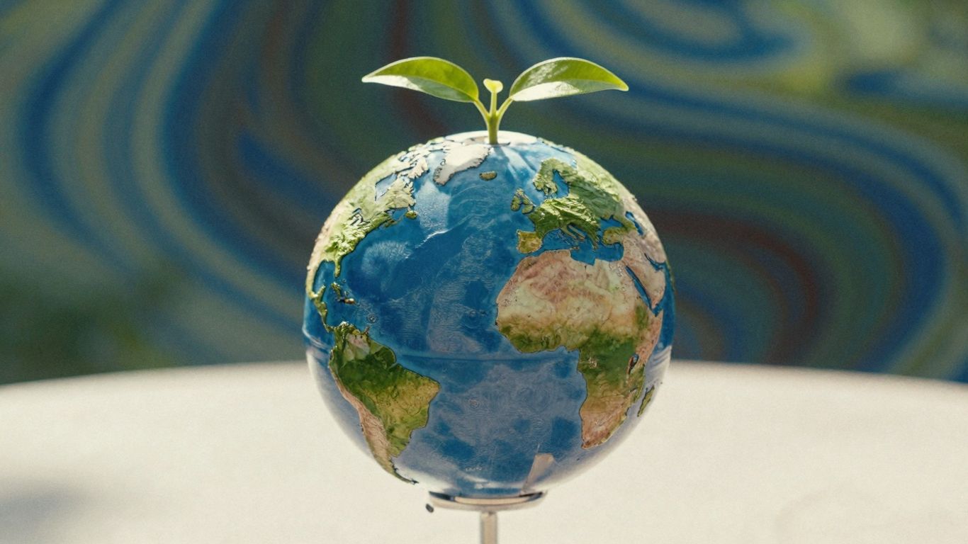 Globe with green leaves, abstract background.