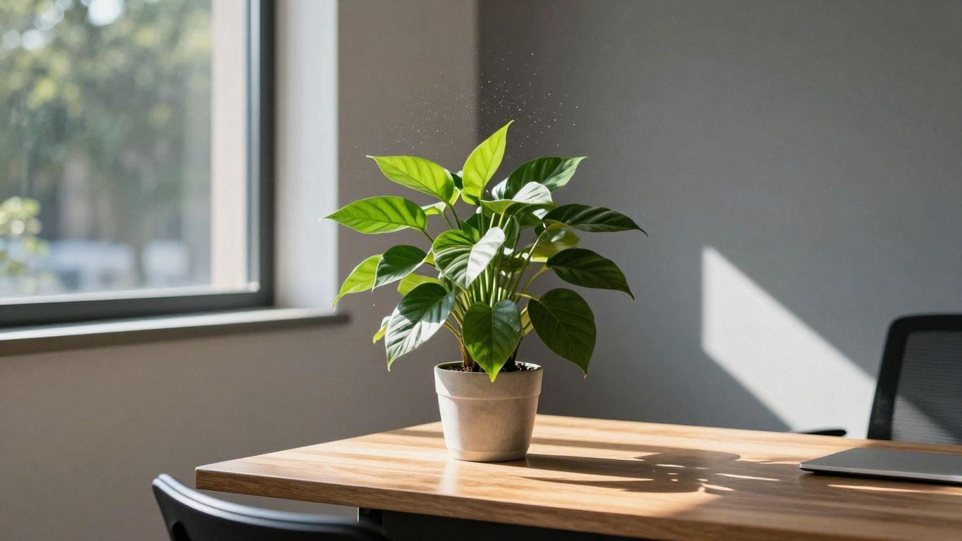 Green plant on a desk in a sunlit office.