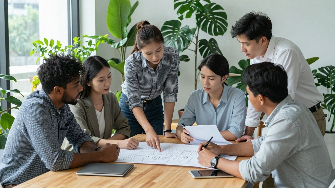 Professionals discussing sustainability in a bright, green office.