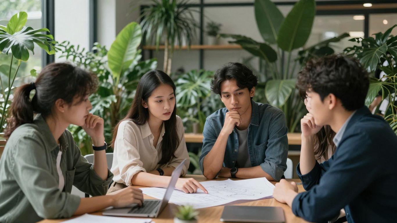 Professionals collaborating on sustainability in a bright, green office.