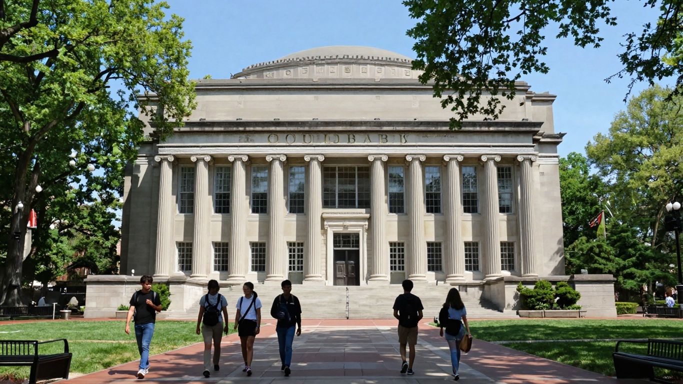 Columbia University campus with greenery and students.