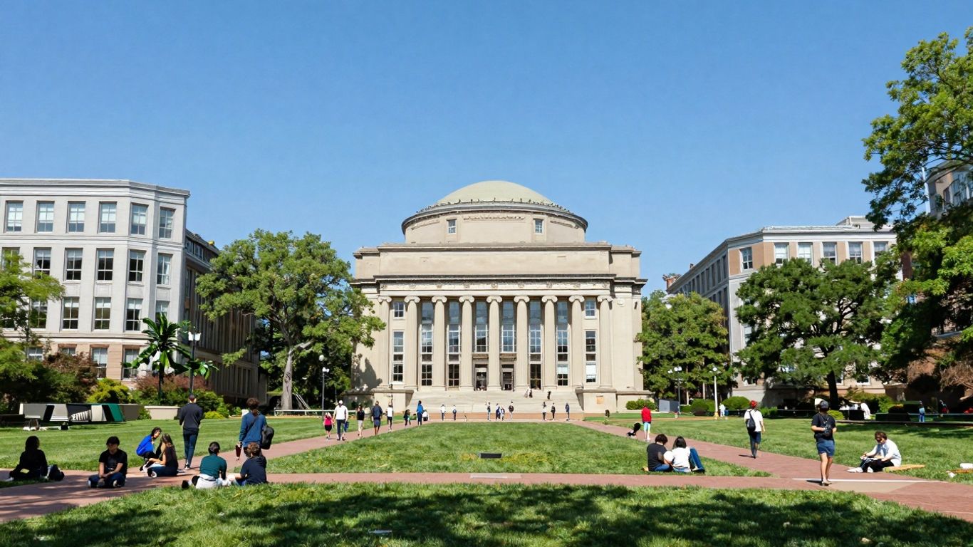 Columbia University campus with students and eco-friendly buildings.